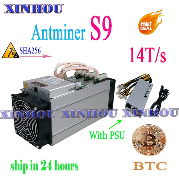 Begagnad BTC BCH miner AntMiner S9 14T/s ASIC SHA256 Med PSU bitcoin Miner Better Than Antminer S9 13.5T T9 Z11 B7 Z9 Whatsminer M3
