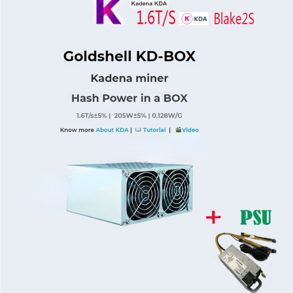 ETH BTC Minero silencioso Goldshell KD-BOX, 1,6 T/s, ± 5%, 205W, ± 5%, minería KDA, Blake2s PSU, mer än Antminer s9 R4 T1